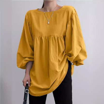 Autumn 2022 New Large Size Women's Cotton and Linen Round Neck Long Sleeve Top Fashion Casual Solid Color Cotton and Linen Shirt for Women