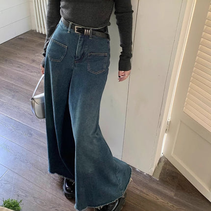 Hong Kong Style Retro Mop Loose Jeans Women's Spring 2025 New High Waist Straight Wide Leg Pants Design Sense Pants