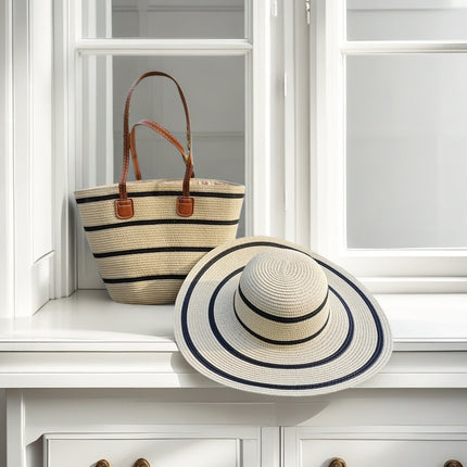Cross-Border Straw Hat Straw Bag Two-Piece Set Sun Hat Large Capacity Striped Tote Bag Shoulder Bag Beach Bag Factory Store