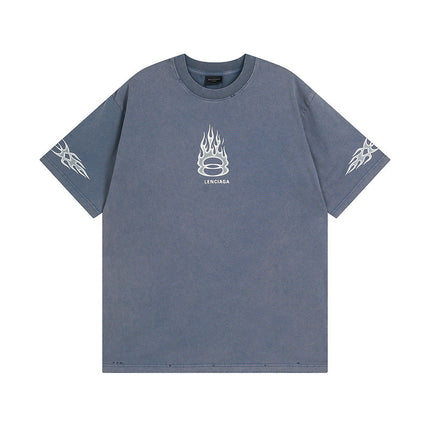 High-Quality Trendy Brand Paris Double Ring 300g Flame Direct Spray Printing Washed Distressed Short-Sleeved T-Shirt for Men and Women Same Style S-Shirt