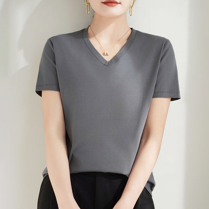 100 mercerized cotton short-sleeved T-shirt women's 2025 summer new V-neck cotton pullover vest cool feeling ice silk base