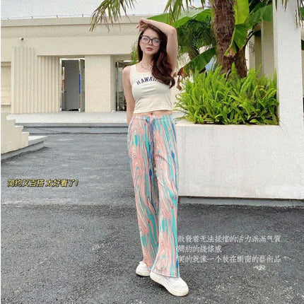 Ice silk tie-dye printed vertical wide leg pants summer thin high waist slim loose casual mop straight pants wholesale