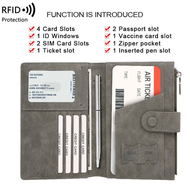 Cross-Border Skin-Feel Anti-Theft Rfid Passport Holder Zipper Buckle Passport Cover Document Holder Multi-Functional Travel Passport Bag
