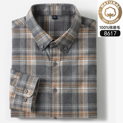 Autumn and Winter New Pure Cotton Brushed Long-Sleeved Shirts for Young and Middle-Aged Plaid Casual Business Men's Shirts Popular on Douyin