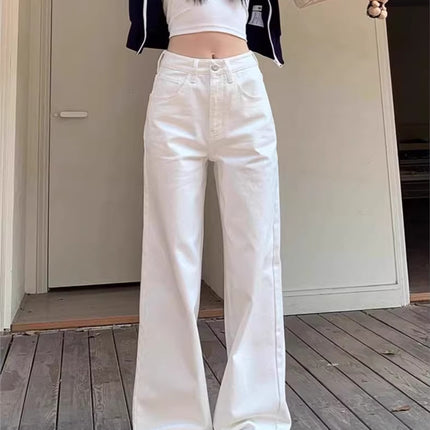 White High-Waisted Straight Jeans for Women in Spring & Fall, Plus Size, Loose, Slimming Look, Pear-Shaped Figure, Floor-Length Pants