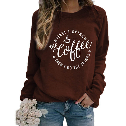Foreign trade supply coffee coffee printed round neck jacket sweater European size ladies coat long sleeve cross-border autumn and winter