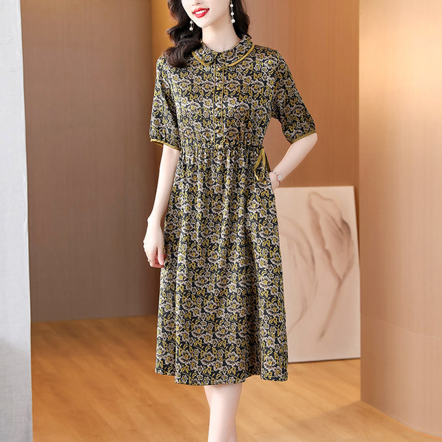 Retro Printed Imitation Mulberry Silk Dress for Women 2024 Summer New Fashion Elegant Waist Slimming Look Mid-Length Skirt