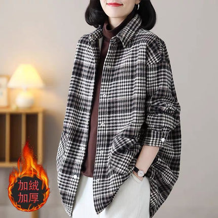 Vintage Plaid Coat Shirt Women's Loose Fashion Western Style Slim fleece-lined Thickened Scrub Lapel Cardigan Top