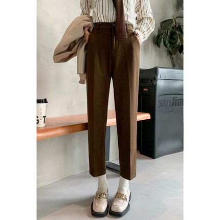 Woolen suit pants women's autumn and winter fleece-lined thick small straight pants thin high waist cropped pipe pants