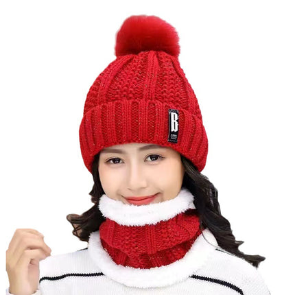 Winter Korean Style Woolen Hat for Women with Velvet and Thickeneded Scarf for Mothers to Heattech and Cold-Proof Knitted Trendy Hat for Cycling