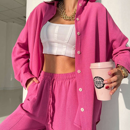 European and American Cross-Border 2025 Spring New Casual Suit Pure Color Lapel Long-Sleeved Shirt Top Harem Pants Two-Piece Set