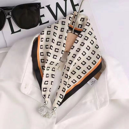2026 New Magnetic Buckle Small Silk Scarf with Geometric Patterns and Rhinestones, Magnetic Necklace Scarf, Women's Hairband Scarf