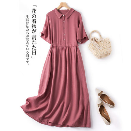 2024 Summer New Retro Hong Kong Style Loose Cotton and Linen Pure Color Mid-Length Polo Collar High Waist Short-Sleeved Dress for Women
