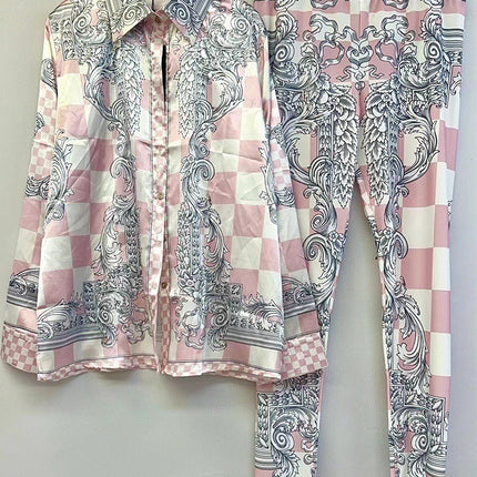 V home cross-border foreign trade acetate plaid printed loose shirt two-piece high waist stretch leggings fashion suit
