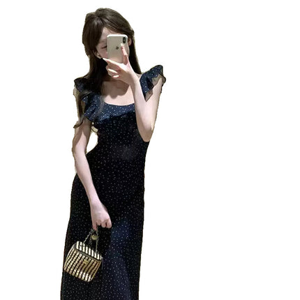 French High-end Ruffled Short-sleeved Dress Women's Tight Waist Elegant Sexy Backless Wave Dot Mid-length Dress for Summer