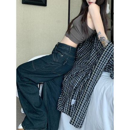 American Style Retro Open Line Color Contrast Large Pocket Loose Wide Leg Denim Pants