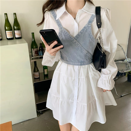 White dress Spring Thin 2025 New Vintage French Style Waist Design Long Sleeve Polo Collar Dress for Women