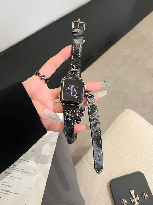 Denim Crocore Double Ring Genuine Leather Thin Strap for Apple Watch iwatchS987654SE Women Ultra