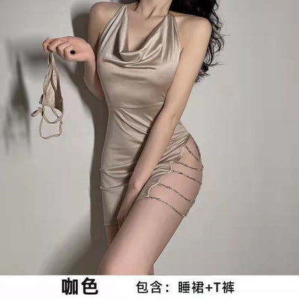 Sexy Lingerie, Sexy Chain Strap Nightgown, Passionate Temptation, Sexy Uniform, Deep V Strap, Open Crotch, No-Take-Off Set