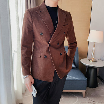 2025 New Corduroy Suit Men's Light Mature Business Double-breasted Striped Velvet Cloth Lunch Single Western Top Suit