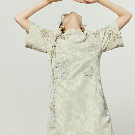 New Product, New Chinese Style, Improved Cheongsam for Women, High-End, Sweet and Cute Jacquard Improved Slit Short Dress