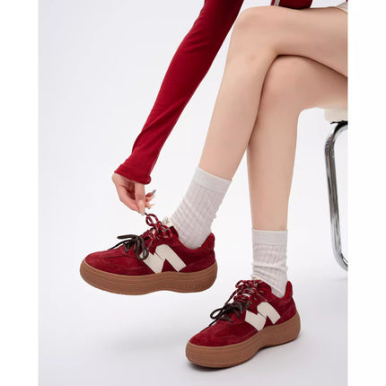 Genuine Leather Retro Thick-Soled German Training Shoes for Women, New Spring and Summer Style Red Casual Sneakers with Hidden Height Increase