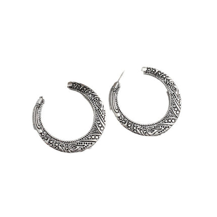 European and American exaggerated retro big earrings simple temperament popular geometric alloy Xizang pattern carved C- shaped ear studs earrings for women