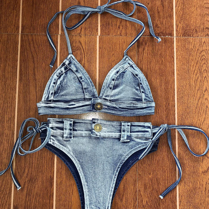 Spice Girls Shown Figure Sexy Denim Bikini Beach suit Ins Vacation Photo Cyber Celebrity Hanging Neck Split Swimsuit