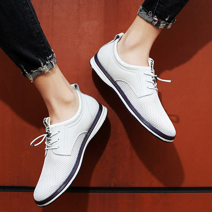 Round toe cowhide + mesh casual shoes sports style casual shoes breathable flat heel mesh shoes men's sports shoes