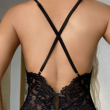New European and American plus size sexy underwear perspective sexy lace open crotch halter bow conjoined underwear