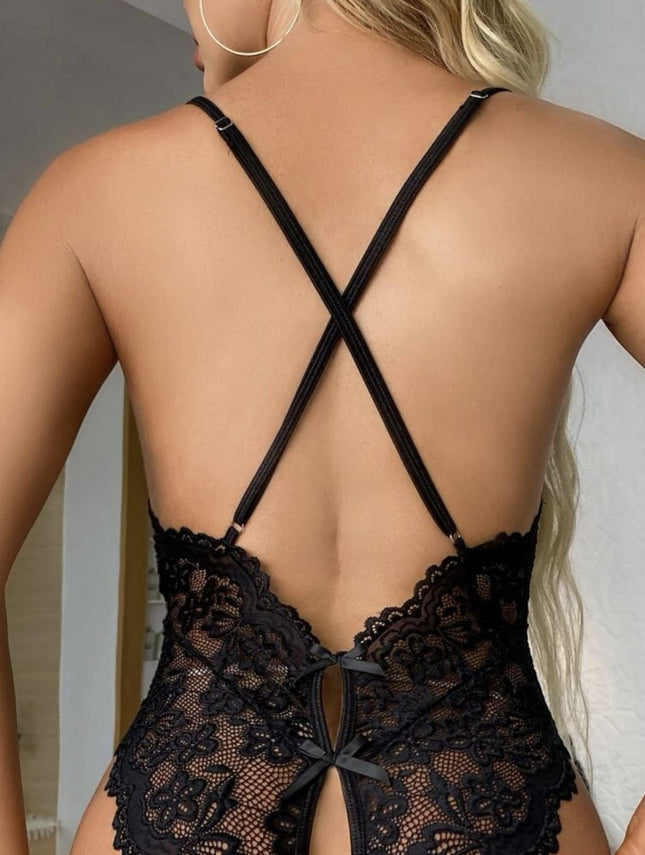 New European and American plus size sexy underwear perspective sexy lace open crotch halter bow conjoined underwear