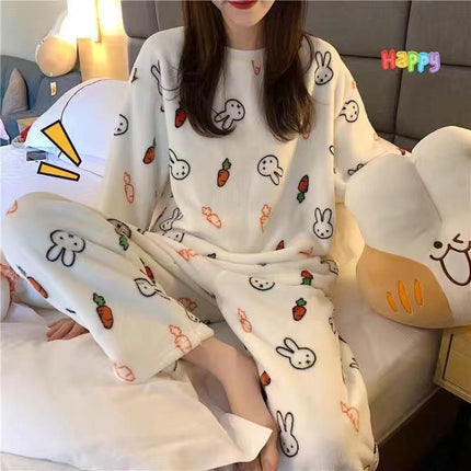 2024 New Autumn and Winter Coral Velvet Cartoon Stripesd Women's Pajamas Thickeneded and Wearable Home Wear Set