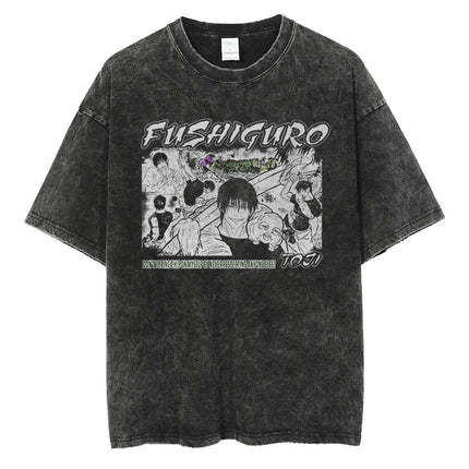 Huge Anime Flat Print Couple T-Shirt Washed Black Streetwear