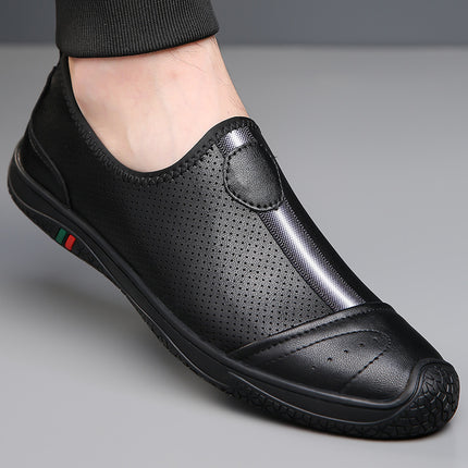 Men's Shoes 2025 Summer New Breathable Thin Hollow-Out Slip-On Black Genuine Leather Casual Loafers
