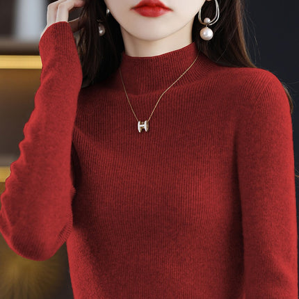 100 Wool Sweater Women's Half-turtleneck Autumn and Winter First-Line Reais Slim-Fit Long-Sleeved Pullover Knitted Base Red Sweater