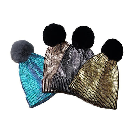 Cross-border laser hat metallic cold hat men and women couple knitted hat hip hop tide hat bronzing silver with fur ball hat
