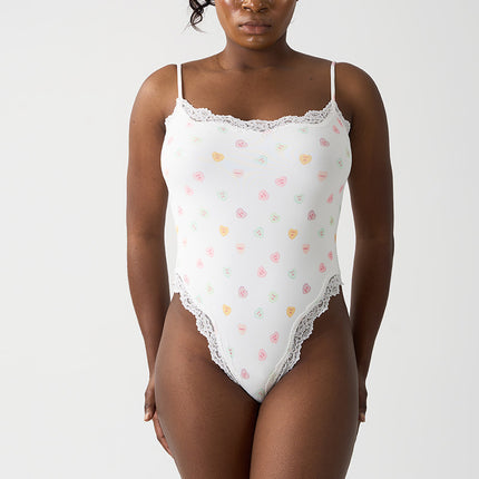 Sexy Pure Lust Style Lace Trim Bodysuit for Women, Skin-Friendly Nude Feel Inner Wear with Straps, Double-Layer Shapewear, European and American Style
