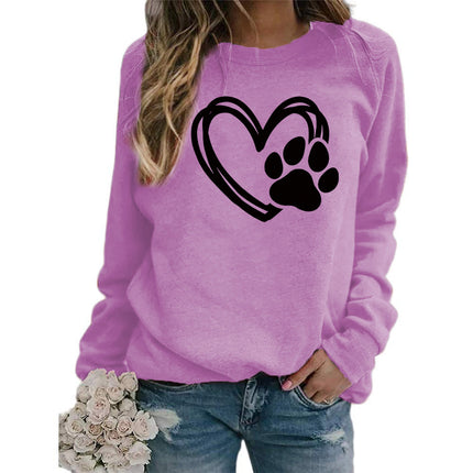 Cross-border Foreign Trade Supply Dog Feet Love Printed Round Neck Jacket Women's Long Sleeve European Size plus size Loose