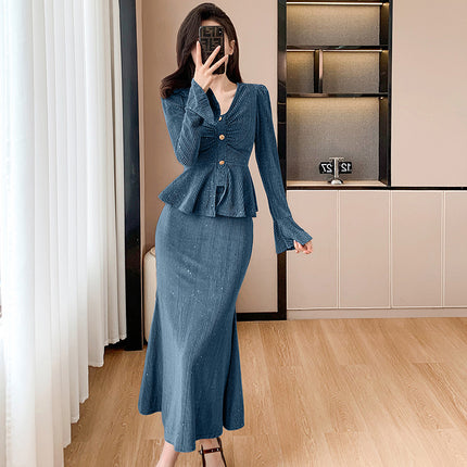 Light Luxury Celebrity Fashion Suit for Women 2024 Autum New Sequined Bell Sleeve Top Fishtail Skirt Two-Piece Set