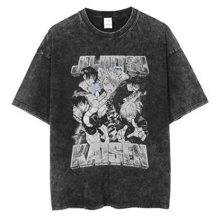 Huge Anime Flat Print Couple T-Shirt Washed Black Streetwear