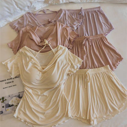 Girls' Pajamas Modal Cotton Short-Sleeved Shorts Summer Lace Women's Three-Piece Casual Home Wear Set with Breast Pads