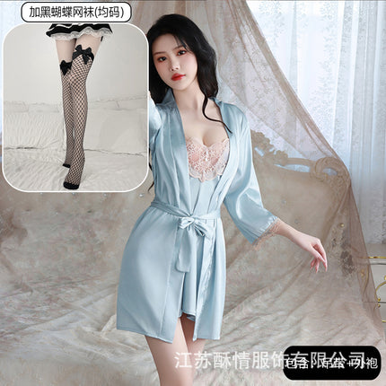 Suqing New Spring and Summer Comfortable Pajamas Backless Sweet Embroidered Lace Sling Nightgown Women's Cardigan Home Clothes suit