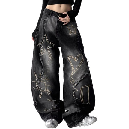 American Retro Raw Edge Embroidered Washed Scimitar Jeans Autumn Men's and Women's Street Loose Wide-Leg Floor-Length Pants