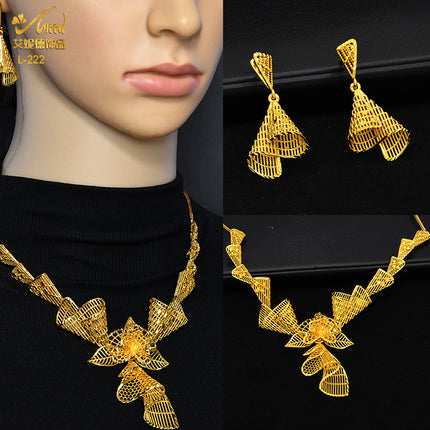 Middle East Bride Gold Scale Flower Necklace Women's Earring Set Wedding Set Chain Copper Gold Plated Gold Shop Window Gold Same