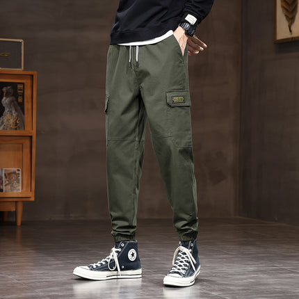 Autumn thick men's loose drawstring multi-pocket overalls fashion brand cotton leggings casual pants in stock