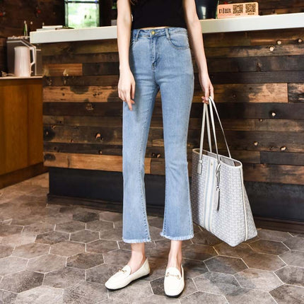 American Style light blue High Waist Micro-Lar Jeans Women's Summer 2025 New Style Small Nine-point Slim Fit Horn Pants