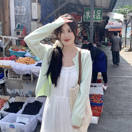 Fresh Honeydew Green Long-Sleeved Knitted Cardigan for Women 2025 Early Spring New Elegant Versatile Round Neck Top