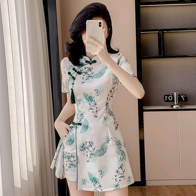 Real Shot of Summer New Improved Cheongsam New Chinese Style Tassel Dress Shorts Two-Piece Set Solid Color Mercerized