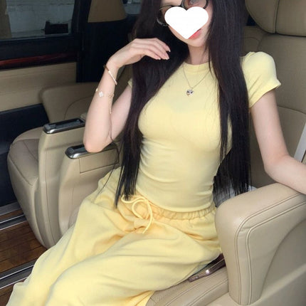 Hot Girl Hits the Street Casual Sports Yellow Suit Women's Summer 2025 New Short-Sleeved Shirt Wide-Leg Pants Two-Piece Set