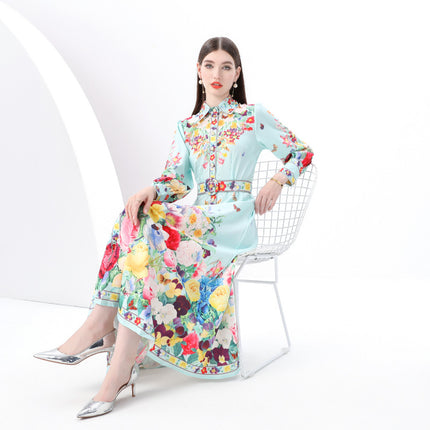 2025 early spring-palace style painted lapel single door lapel lantern sleeve retro printed dress